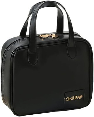 YNGVE Black PU Leather Waterproof Makeup Bag – Multi-Compartment Travel Organizer