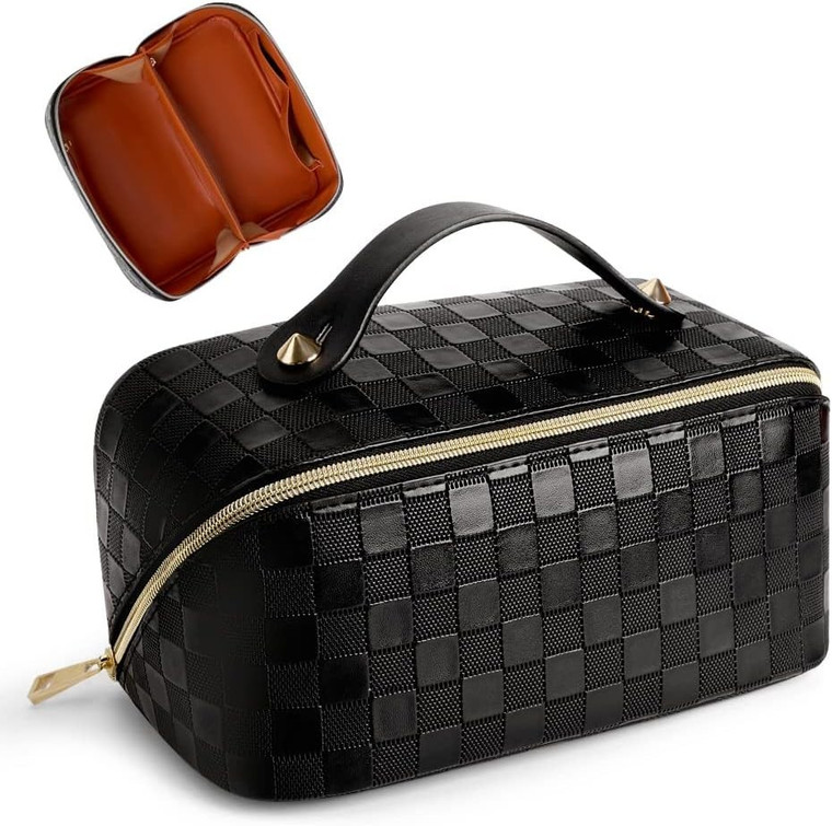 TBOLINE Large Capacity Flat Lay Makeup Bag - Waterproof Black PU Leather