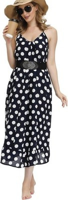 Women's Navy Polka Dot Boho Floral Maxi Dress with Pockets – Size M