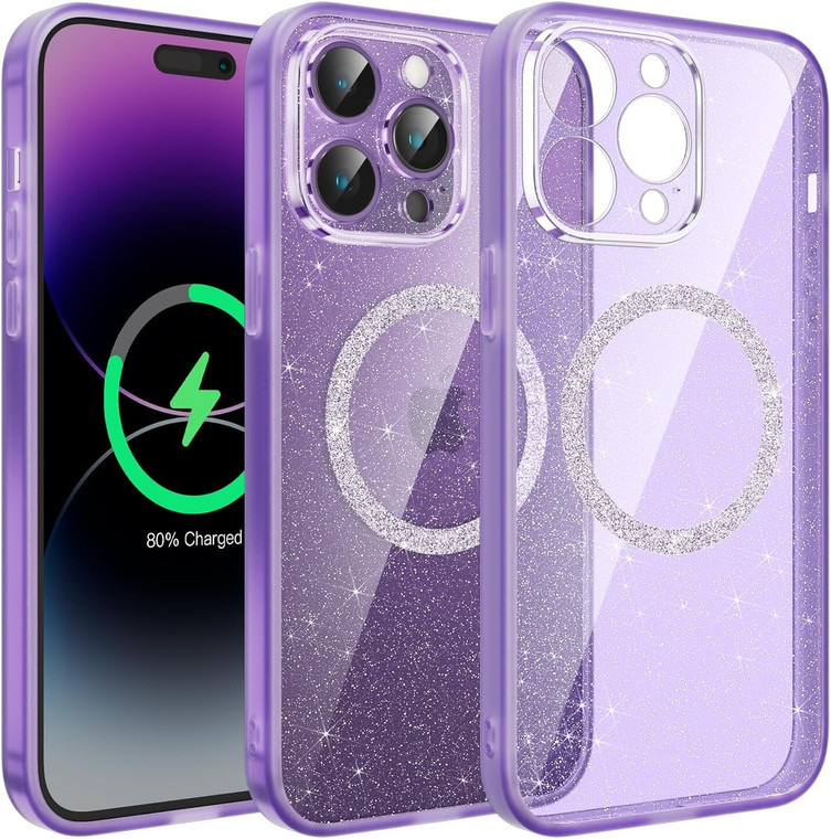 Glitter MagSafe iPhone 14 Pro Max Case – Clear Purple Bling Sparkle
