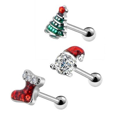 3-Pack Christmas Tragus Cartilage Stud Earrings 316L Surgical Steel 16G 6MM