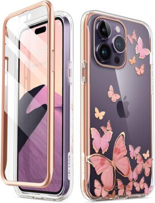 iPhone 14 Pro 6.1" Pink Butterfly Full-Body Case with Built-In Screen Protector
