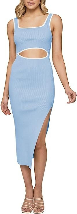 Duigluw Women's Square Neck Ribbed Cutout Bodycon Midi Dress - Size XL