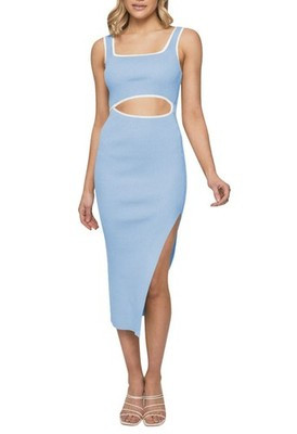 Duigluw Sky Blue Square Neck Cutout Ribbed Bodycon Midi Dress – Size XL