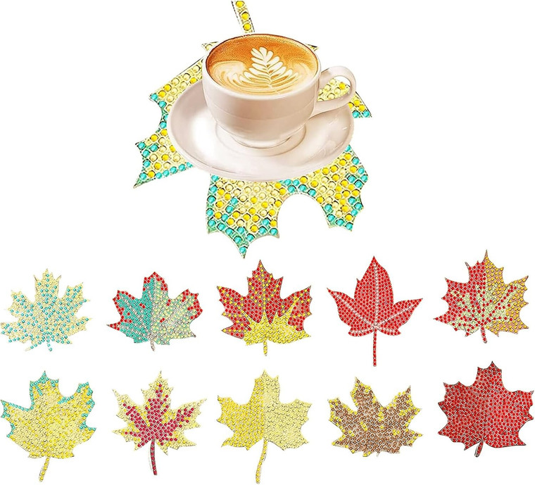 Belors 10pc Fall Maple Leaf Diamond Art Coasters Kit with Wooden Holder