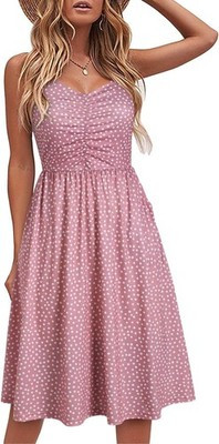 YATHON Women's Pink Polka Dot Spaghetti Strap Sundress with Pockets – Size M