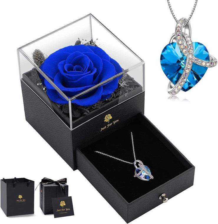 Blue Preserved Rose Glass Dome Gift Set with Moissanite Necklace