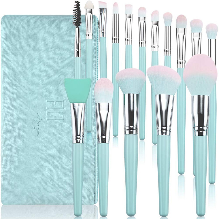 DUAIU 16-Piece Synthetic Makeup Brush Set – Blue Wooden Handles & Travel Bag