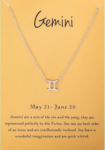 Gemini Zodiac Sign Pendant Necklace 18K White Gold Plated 18" Rolo Chain