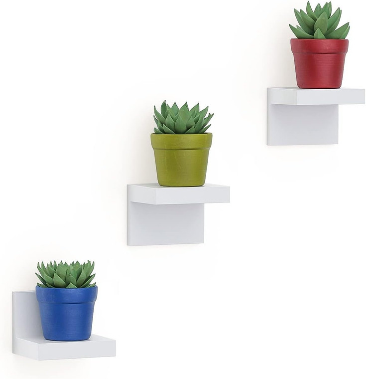 3-Pack Small White 4" L-Shape Floating Wall Shelves – Plastic Display Ledge