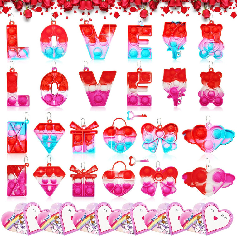 24-Pack Valentine Heart Fidget Keychains with Cards – Stress Relief Party Favors