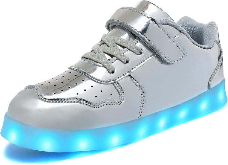 Kids LED Light-Up Sneakers 7 Colors Hook & Loop USB Rechargeable Silver Sz 12