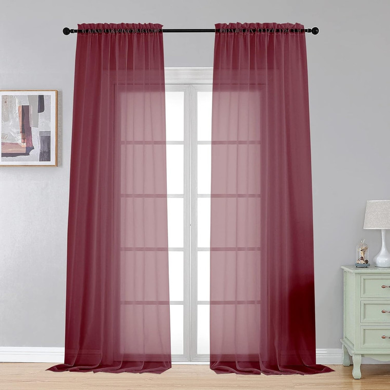 Burgundy Sheer Voile Rod Pocket Curtain Panels 40"x108" – 2-Panel Set