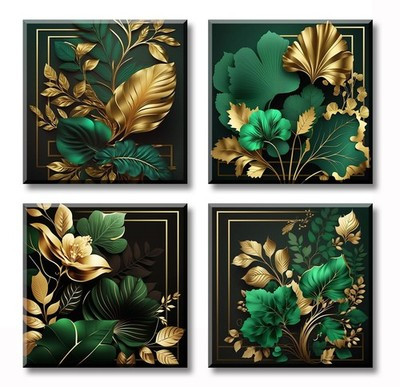 4-Piece Emerald Green Gold Leaf Tropical Botanical Canvas Wall Art 12x12