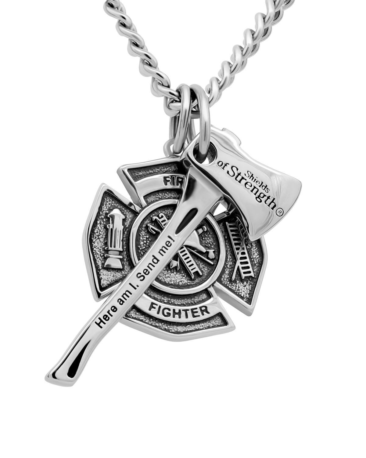 Men's Maltese Firefighter Cross Axe Necklace Isaiah 6:8 Faith