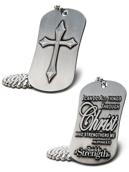 Antique Finish Dog Tag with Cross Necklace - Phil 4:13