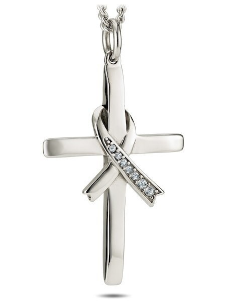 Women's Stainless Steel Crystal Ribbon Cross Necklace Isaiah 46:4