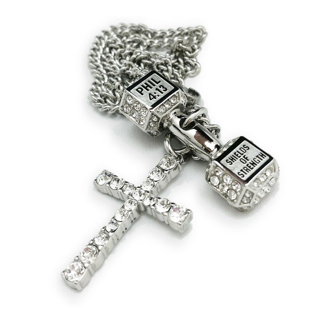 Crystal Cross Dumbbell Necklace Isaiah 46:4 Phi 4:13
