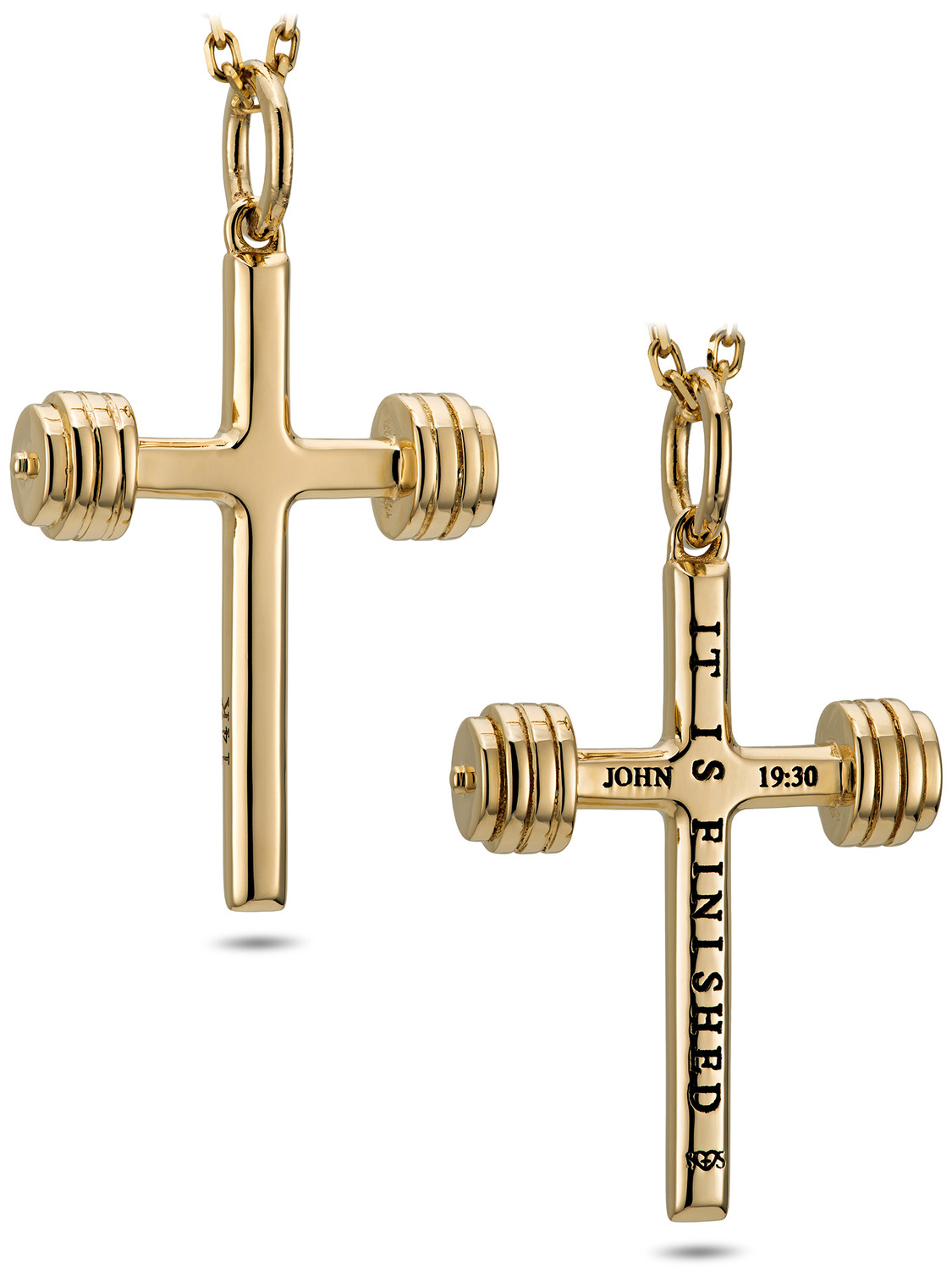 14K Gold Mini Dumbbell Cross Necklace | John 19:30 14K Gold Mini Dumbbell Cross Necklace | John 19:30