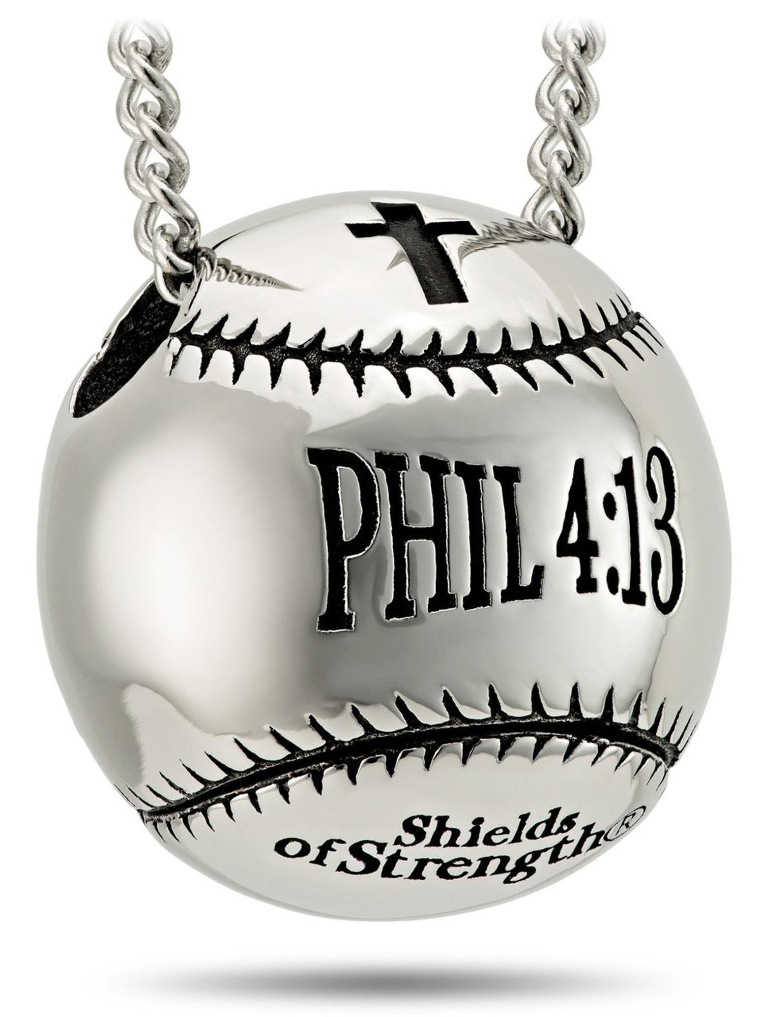 Shields Of Strength Women's Stainless Steel 3-D Softball Pendant Necklace-Phil 4:13. Front View