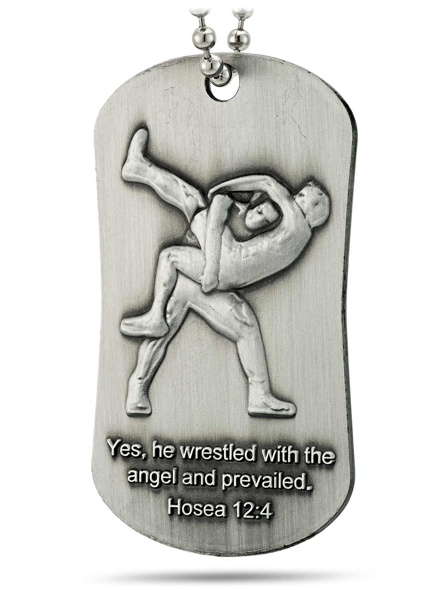 Shields Of Strength Antique Finish Dog Tag Necklace- Philippians 4:13/Hosea 12:4-Front View