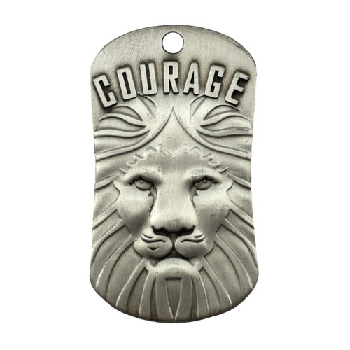 Courage the Lion Antique Finish Dog Tag Necklace with Joshua 1:9, stainless steel lion motif Front View