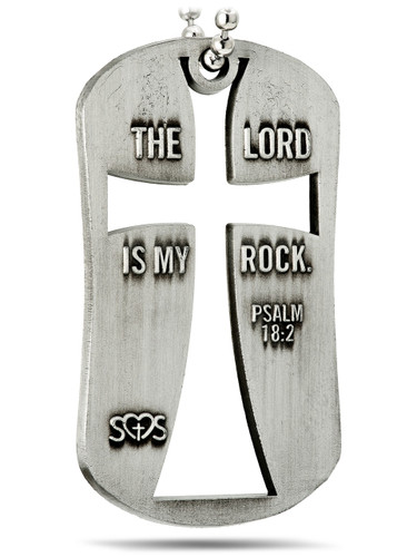 Cut Out Cross Dog Tag Necklace Psalm 18:2 Antique Finish Shields Of Strength Back View