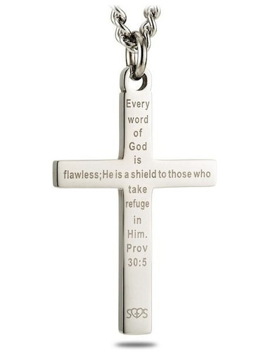 Shields of Strength Men's Stainless Steel Flag Cross Necklace-Proverbs 30:5-Back View
