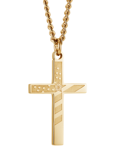Shields of Strength Men's Gold Plated Flag Cross Necklace-Proverbs 30:5-Front View