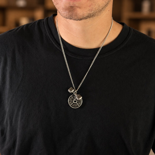 Weight Plate & Dumbbell Pendant Combo Necklace with Romans 8:37 & Luke 1:37