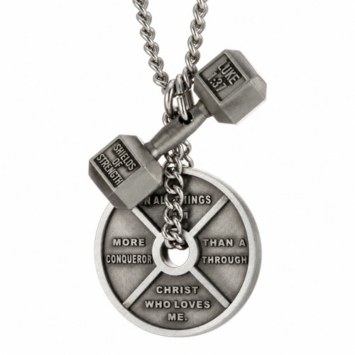 Weight Plate & Dumbbell Pendant Combo Necklace with Romans 8:37 & Luke 1:37