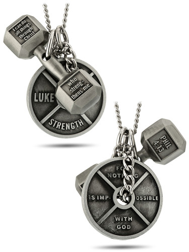 Shields of Strength Women's Antique Finish Combo Necklace-Phil 4:13 Dumbbell/Luke 1:37 Weight Plate-Front and Back View