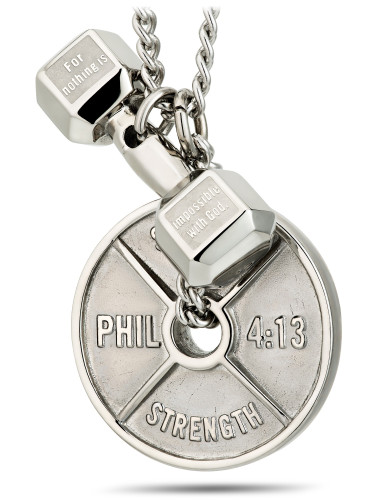 Shields of Strength A Dual Reminder of Spiritual and Physical Strength for the Committed Athlete (Philippians 4:13 & Luke 1:37) in Surgical-Grade Stainless Steel-Front View
