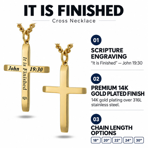 Men's 'It Is Finished' Cross Necklace Inscribed with John 19:30