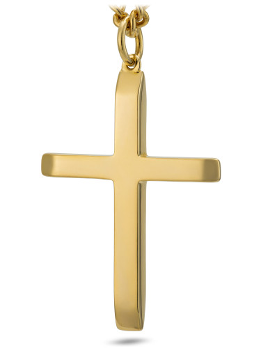 Front view of men's tapered cross necklace with John 19:30 'It is finished' bible verse engraving in gold-plated – meaningful Christian gift for daily faith reminder from Shields of Strength. Front View