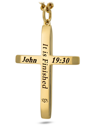 Front view of men's tapered cross necklace with John 19:30 'It is finished' bible verse engraving in gold-plated – meaningful Christian gift for daily faith reminder from Shields of Strength. Back View