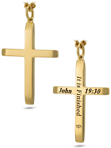 Front view of men's tapered cross necklace with John 19:30 'It is finished' bible verse engraving in gold-plated – meaningful Christian gift for daily faith reminder from Shields of Strength. Front and Back View