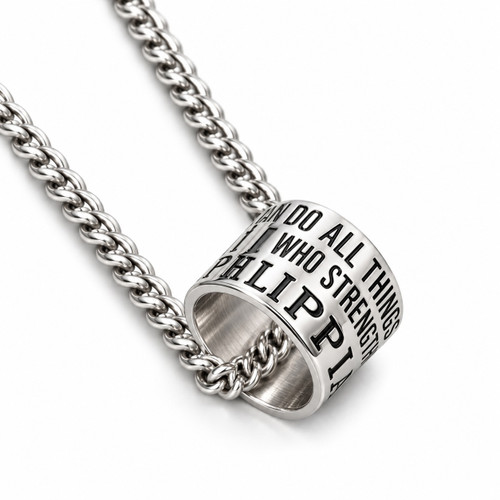Shields of Strength Men's Stainless Steel Duck Band Necklace Inscribed with Philippians 4:13 Bible Verse for Hunters - Christian Gift