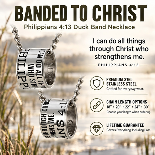 Shields of Strength Men's Stainless Steel Duck Band Necklace Inscribed with Philippians 4:13 Bible Verse for Hunters - Christian Gift