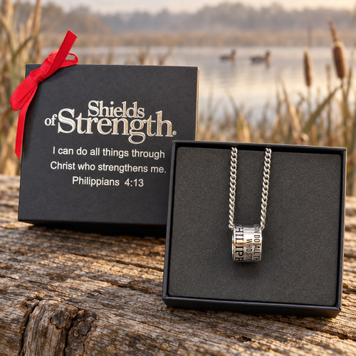Shields of Strength Men's Stainless Steel Duck Band Necklace Inscribed with Philippians 4:13 Bible Verse for Hunters - Christian Gift