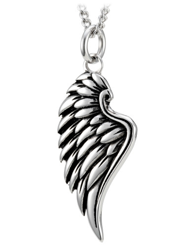 Detailed Women's Angel Wing Necklace in Stainless Steel, engraved with Psalm 34:7. - Front View