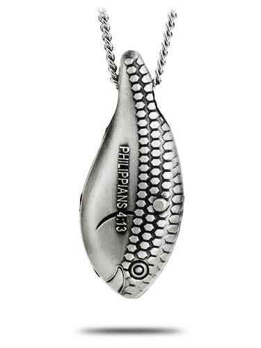 Shields Of Strength Women's Antique Perch Crank Bait Necklace-Phil.4:13-Front View