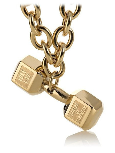 Shields Of Strength Men's JUMBO Dumbbell on Linked Chain Necklace-Luke 1:37-Front View