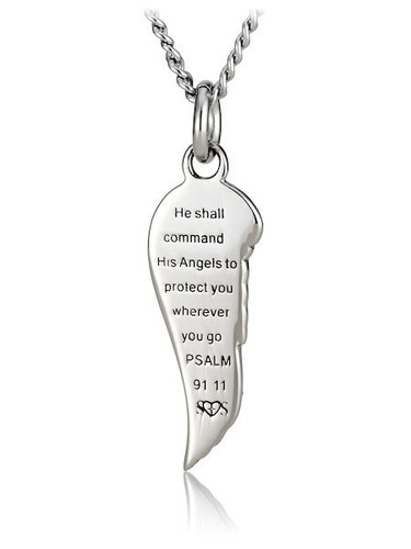 Women's Stainless Steel Mini Angel Wing Necklace accented with Swarovski Crystals-Psalm 91:11- Back View