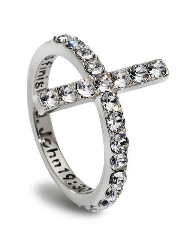 Shields Of Strength Women's Stainless Steel Cross Ring accented with Swarovski Crystals-John 19:30- Front View