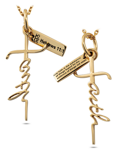 Shields of Strength Women's Yellow Plated Gold Faith Cross Necklace-Hebrews 11:1 Front and Rear View