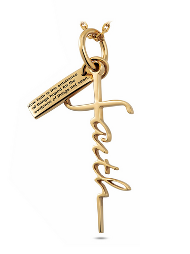 Shields of Strength Women's Yellow Plated Gold Faith Cross Necklace-Hebrews 11:1 Front View