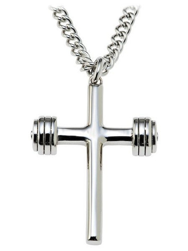 Shields Of Strength Men's Stainless Steel Dumbbell Cross Necklace- John 19:30- Front View