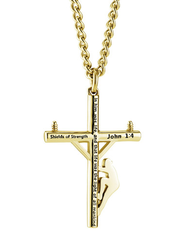Shields of Strength Stainless Steel Gold Plated Lineman Cross Necklace-John 1:4 Back View