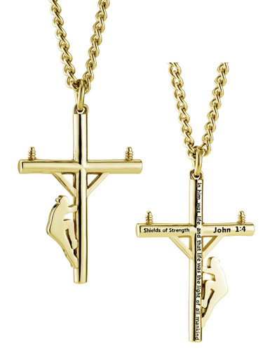 Shields of Strength Stainless Steel Gold Plated Lineman Cross Necklace-John 1:4 Front and Back View